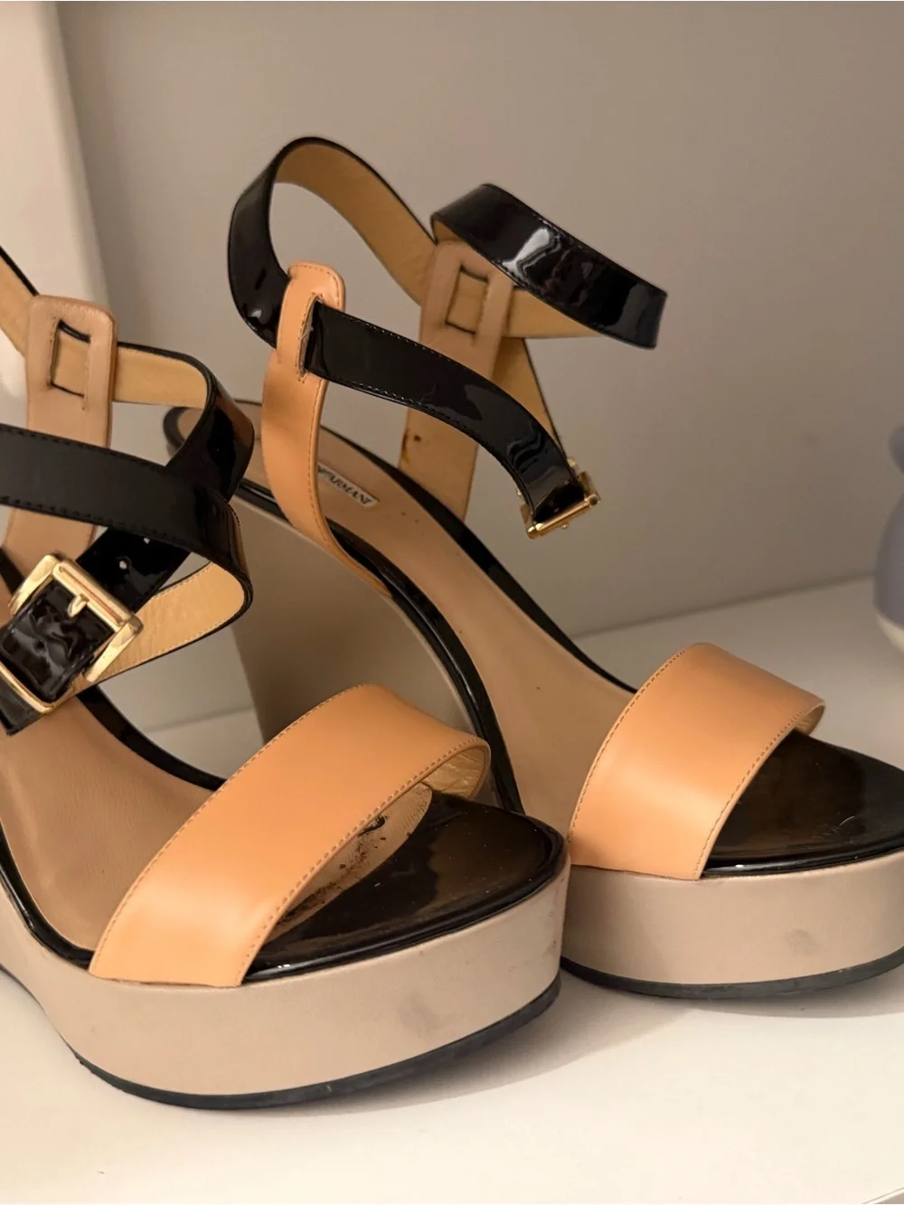 Emporio Armani Leather Platform Wedge Sandals – Women’s Size 7 – Beige/Black